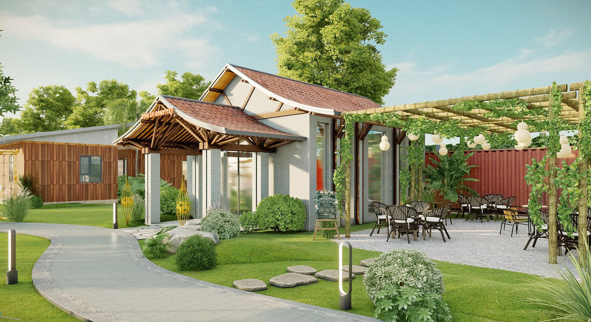 Nhà đón tiếp và sân cafe khách đợi